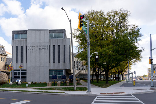 
Waterloo, On, Canada - October 17, 2020: Former Waterloo County Court House Building Is Seen In Waterloo, Ontario, Canada. The Building Now Houses The Waterloo Region Offices. 
