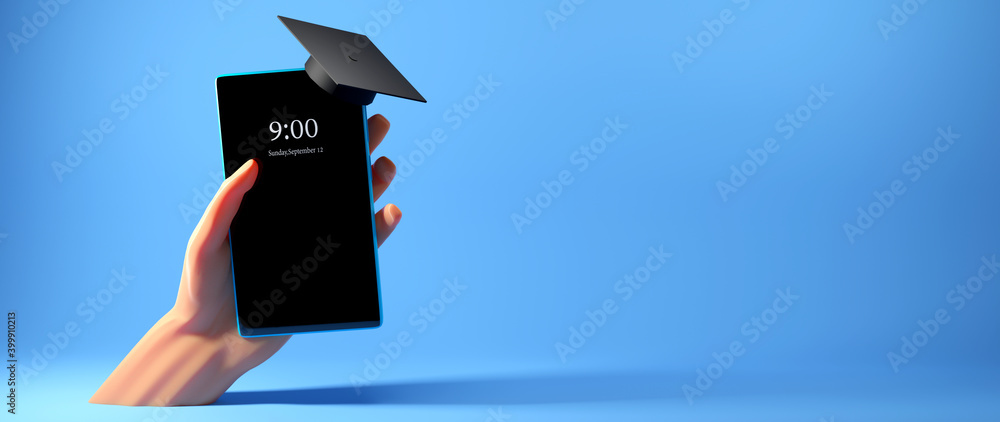 Aufkleber digital online education. 3d render of mobil. application learning on phone, mobile website backgrou