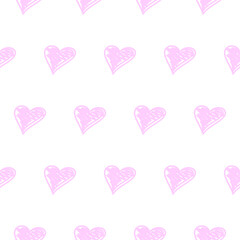 Fototapeta na wymiar Pastel pink hand drawn hearts, seamless pattern on white vector background, digitally created on a tablet