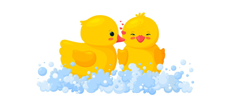 Rubber duck kissing another duck. Yellow toys in foam. Vector illustration in cartoon style