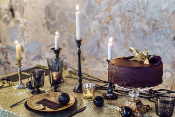 Christmas table with chocolate cake