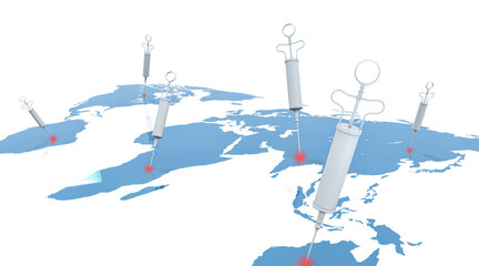 White vaccine syringe injection on blue worldwide international map as human skin background. Medical and health concept. Virus immunity vaccine delivery and distribution concept. 3D illustration