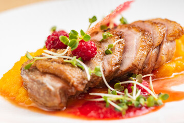 duck with pumpkin puree and parmesan chips