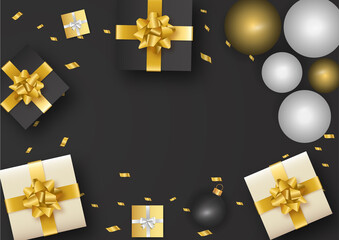 Black Festive banner or poster. Top view on gift box and bow, balloon with beautiful backdrop top view. illustration