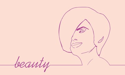 Face half turn view. Elegant outline silhouette of a female head. Portrait of a happy smiled woman. Thin line style