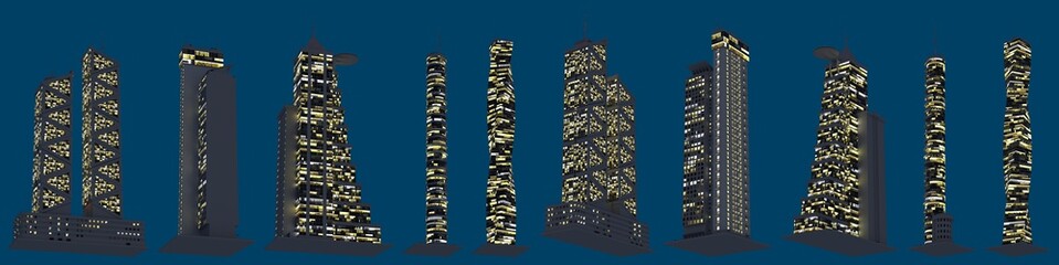 3d illustration of skyscrapers - various fictional towers at evening with lights turned on - isolated on dark blue, bottom view