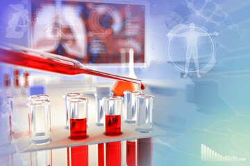 test tubes in biochemistry office - blood sample gene test for leukocytes or anemia, medical 3D illustration with creative gradient overlay