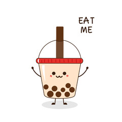 Bubble milk tea cup with cute face on white background vector illustration. Cute cartoon design.