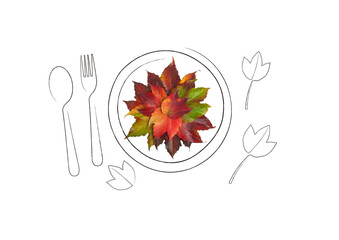 お皿に盛り付けられたカラフルな落葉。