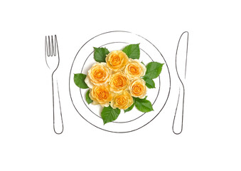 お皿に盛り付けられた黄色い薔薇の花