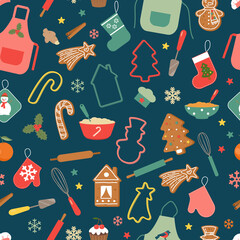 Merry Christmas Seamless pattern with cute gingerbread cookies, dishes and elements for Christmas bakery. Dark background. Vector illustration