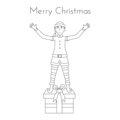 Happy Christmas Elf and gift box cartoon line art. Merry Christmas vector illustration