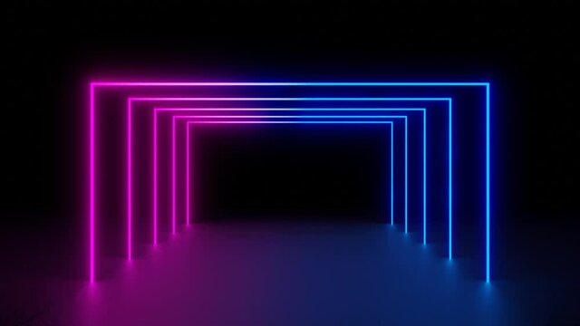 Neon and Blue lights seamless 3D animation Template. Appearing and Disappearing neon square frames, looped abstract neon geometric background, spinning glowing pink yellow violet lines, endless
