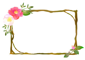 手描き水彩の紅白椿イラスト素材　フレーム　年賀