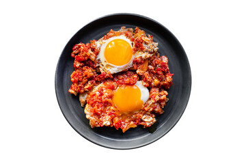 breakfast eggs fried tomato, onion and vegetables shakshuka omelette natural snack on the table healthy meal snack top view copy space for text food background rustic 