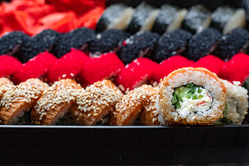 sushi rolls set salmon, trout, tuna, tobiko caviar fresh snack ready to eat on the table meal snack ingredient top view copy space for text food background rustic