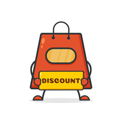 Cute shopping bag. Illustration vector graphic shop bag cartoon character  holding discount banner. Perfect for Ecommerce, Symbol of promotion sale, store web element. 