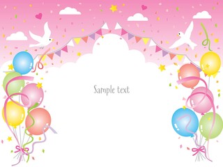 風船やフラッグや鳩のピンク色の風景