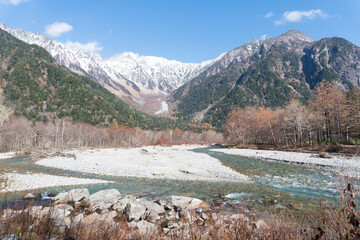 Fototapeta na wymiar Kamikochi high mountain valley located in the Hida Mountains.Azusa River beautiful landscape National Parks in Nagano Japan