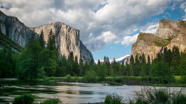 Time laps of the Merced River In Yosemite National Park. El Capitan and Half Dome are in the background.