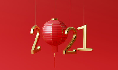 Chinese New Year 2021. gold number with lantern on red background. 3d rendering