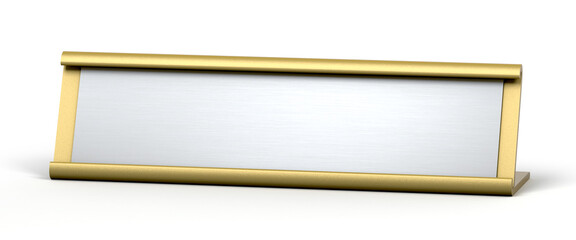 Golden and silver table top desk name plate for office isolated on white background. 3d illustration.