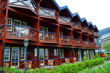 Wooden hotel near the port. Flam, summer in Norway.