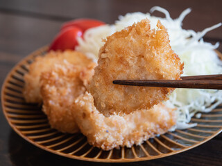 キチンカツとトマトと千切りキャベツのおかずのクローズアップ。