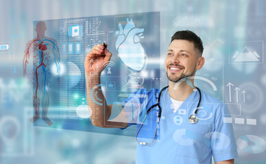 Male cardiologist writing on virtual screen in clinic