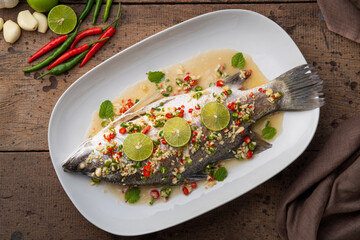 Steamed Seabass with Spicy Chili and Lemon Sauce.Top view