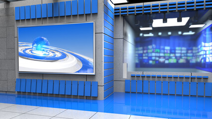Fototapeta premium Backdrop For TV Shows .TV On Wall.3D Virtual News Studio Background, 3d illustration 