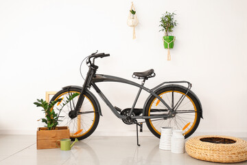 Modern bicycle with houseplants near white wall