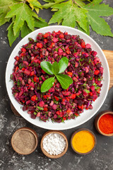 top view vinaigrette salad with beet and beans on grey desk food salad diet