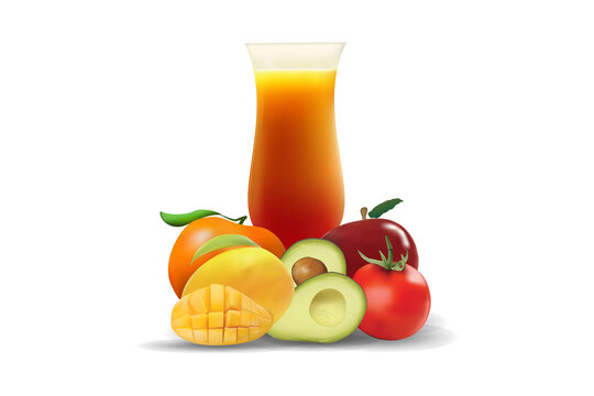fruit juice, orange, apple, mango, tomato, avocado.