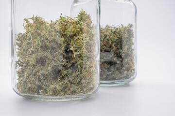 Cannabis buds in a container jar glass on white background. The texture of cannabis leaves. Close-up photo with copy space for text.  Concept of cannabis plantation for medical