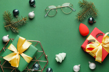 Christmas composition with cosmetics on color background