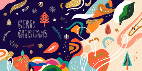 Trendy colorful Christmas abstract illustration with Christmas tree, doodles and gold foil