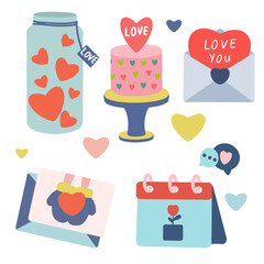 Valentine's Day and February 14 vector set of elements, stickers, envelope, cake, jar, hearts. Suitable for social media posts, mobile apps, banners, and online ads.