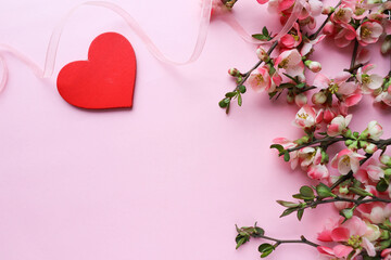 Obraz na płótnie Canvas happy valentine's day greeting card mockup. red heart, flowers and envelope