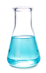 Test-tube with blue liquid isolated on white background.
