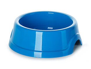 Blue bowl for pet food isolated on white background.
