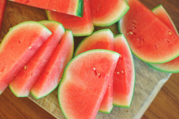 Bright red fresh watermelon slices top view.