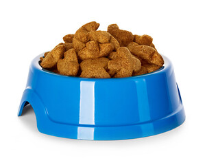 Animal food in a blue bowl isolated on white background.