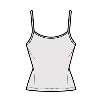 Camisole scoop neck cotton-jersey top technical fashion illustration with thin adjustable straps, slim fit, tunic length. Flat outwear tank template front, grey color. Women men unisex CAD mockup