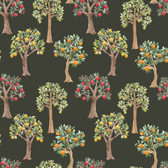 Beautiful vector seamless pattern with cute watercolor fruit trees. Stock orchard illustration.