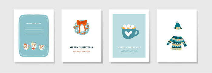 Vector postcards for the New Year. Festive drinks, a wreath on the door, a cup of cocoa with marshmallows, a cozy warm sweater and hat. Cute cards for emails, flyers and posters for christmas