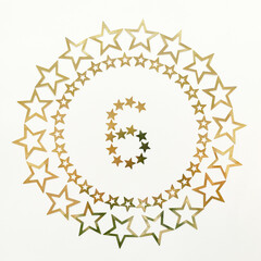Number 6. Retro poster with golden number and stars around on white background. Greeting card for your celebration concept.