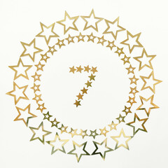 Number 7. Retro poster with golden number and stars around on white background. Greeting card for your celebration concept.