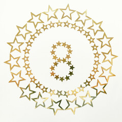Number 8. Retro poster with golden number and stars around on white background. Greeting card for your celebration concept.