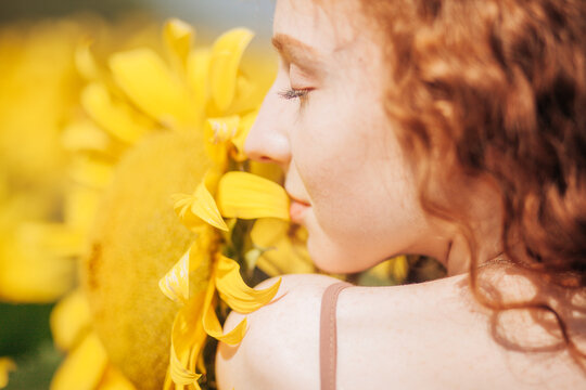 Red-hair girl in the fiels of sunflowers